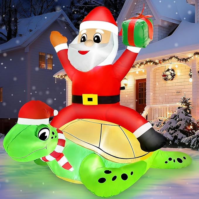 AMENON 5 FT by 4 FT Christmas Inflatables Santa Claus Ride on Sea Turtle Christmas Blow Up Yard Decorations Christmas Decorations Outdoor Built-in LEDs Xmas Decor Party Outside Holiday Lawn Garden