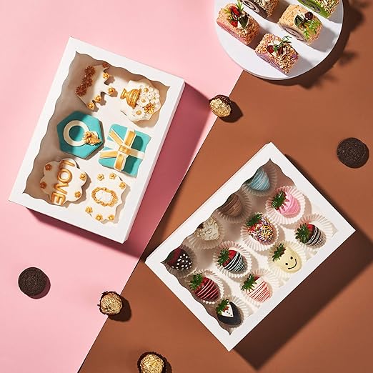 12PCS 10 x 7 x 2.5 inches Premium Fancy White Strawberry Boxes, Cookie Boxes, Elegant White Bakery Box with Display Window
