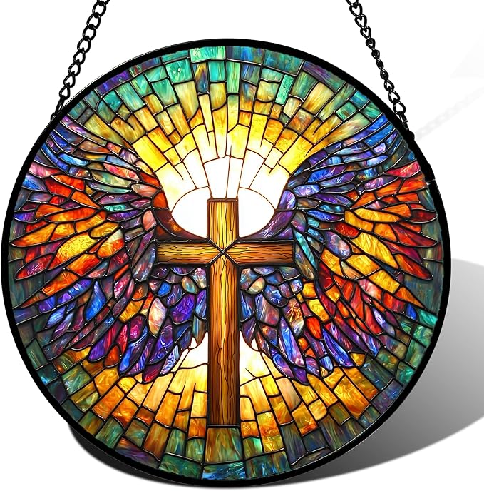 Stained Glass Window Hanging - Jesus Cross Wings Suncatcher Ready to Hang Window Doors Home Decoration and Christmas, Mother's Day Birthday Gifts for Women, Men, and Mom 14.9x14.9 in