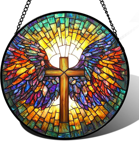 Stained Glass Window Hanging - Jesus Cross Wings Suncatcher Ready to Hang Window Doors Home Decoration and Christmas, Mother's Day Birthday Gifts for Women, Men, and Mom 14.9x14.9 in