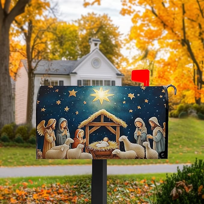 Christma Nativity Mailbox Cover Merry Christma Mailbox Covers Magnetic Standard Size 21x18 inch Winter Star Mail Box Wrap Decorative Mailboxes for Outside Garden