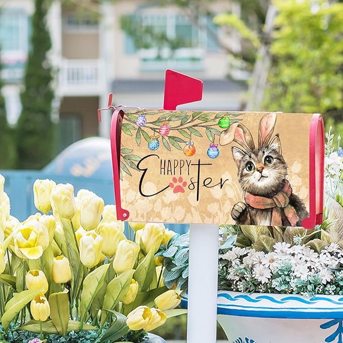 Easter Cat Magnetic Mailbox Cover 21x18 Inch Cute Kitten with Bunny Ear Egg Hunt Mailbox Wrap Post Cover Standard Size for Garden Yard Outdoor Outside Patio Holiday Waterproof Decor