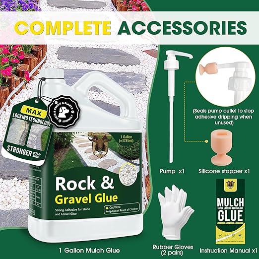 GloGlo Rock Glue for Landscaping, 1 Gallon Mulch Glue, No Dilution Needed Non-Toxic Weather-Resistant Strong Gravel Binder, Pine Straw Outdoor Strong Pebble Gravel Hold for Garden