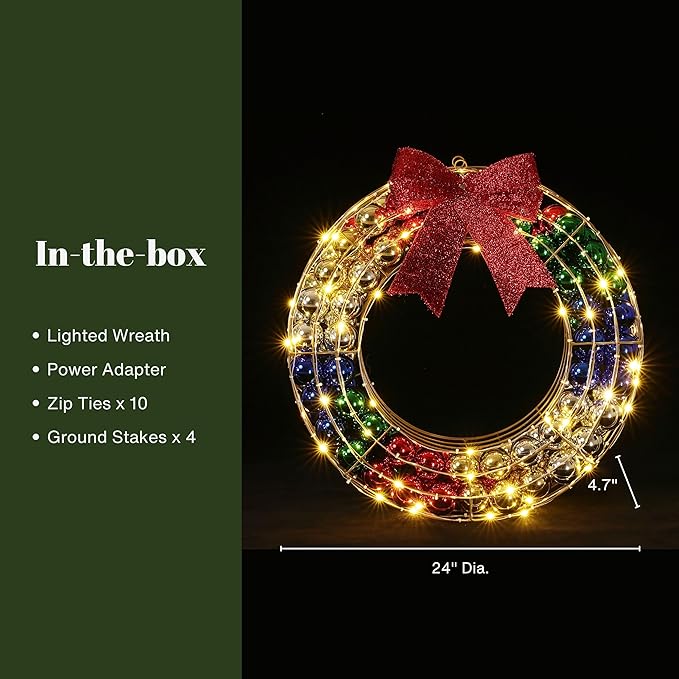 LuxenHome 24Inch Lighted Christmas Wreath, Christmas Outdoor Decorations, Large Wreath with Red Bow 188 LED Lights, Ornament Colorful Balls for Indoor, Lawn, Yard, Garden, Holiday Decor