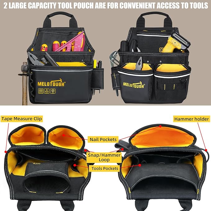 MELOTOUGH Carpenters Tool Belt with Suspenders Professional Tool Belt Combo Organizer With Tool Pouch Suspenders with 32 Pockets and Loops fits 33"-47"Waist for Electrican/Contractor/Technican(Yellow)