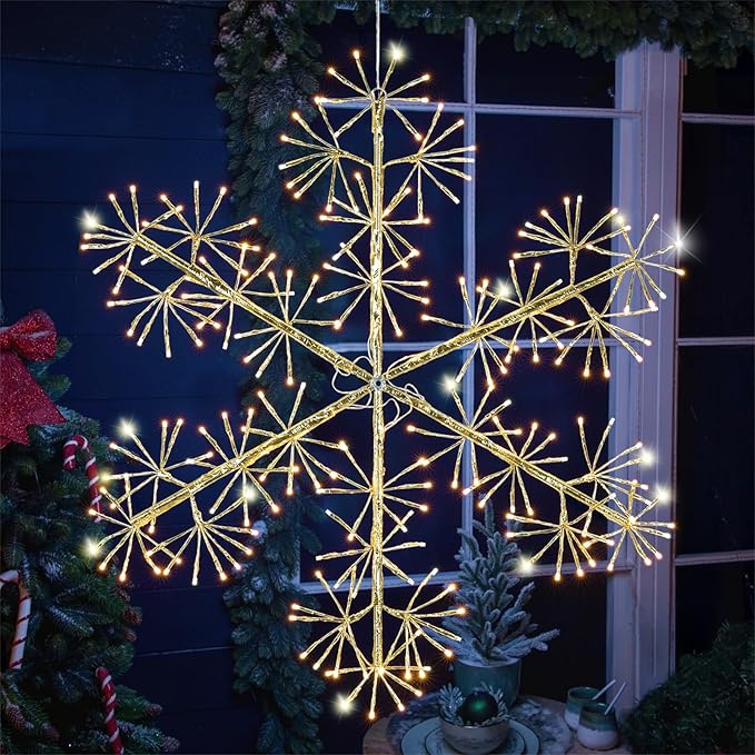 Hanging Christmas Snowflake Lights, 30’’ Large Golden Snowflake with 240 Warm White LEDs Twinkle for Indoor Outdoor Decorations