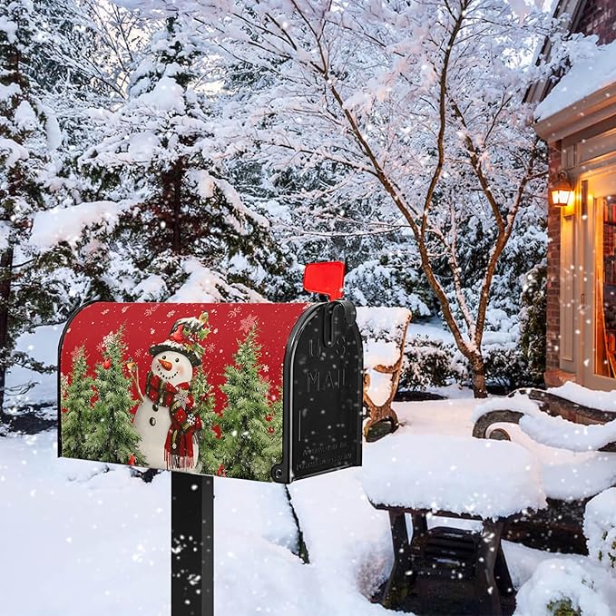 Christmas Snowman Mailbox Covers Winter Red Snowman Magnetic Mailbox Covers Xmas Tree Mail Box Wraps Standard Size 21x18 inch Home Decor Outdoor Yard Decoration for Garden