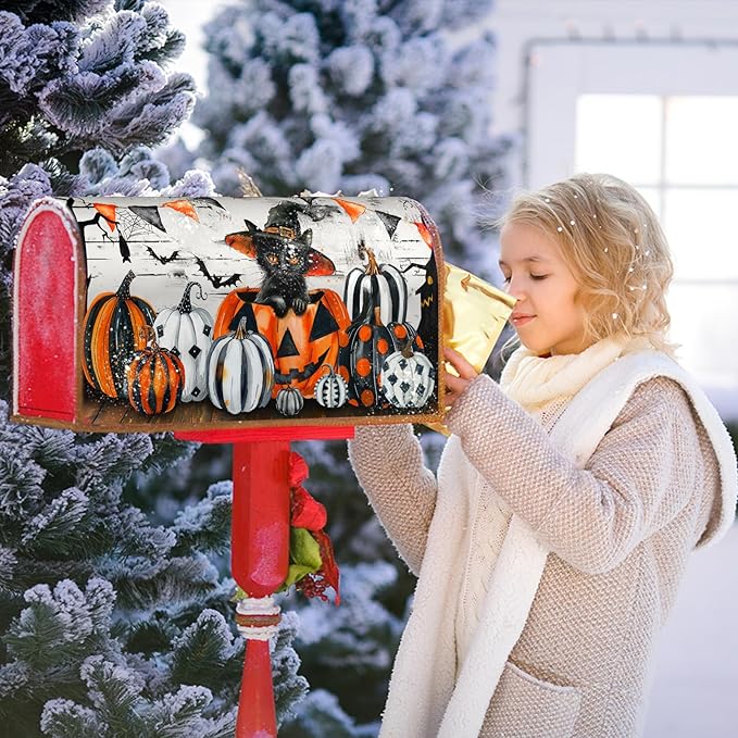 Halloween Mailbox Covers Magnetic Fall Pumpkin Mailbox Covers Magnetic Standard Size 25.5" X 21" Autumn Halloween Mailbox Post Cover Letter Box Cover Home Garden Decor for Outside Decoration