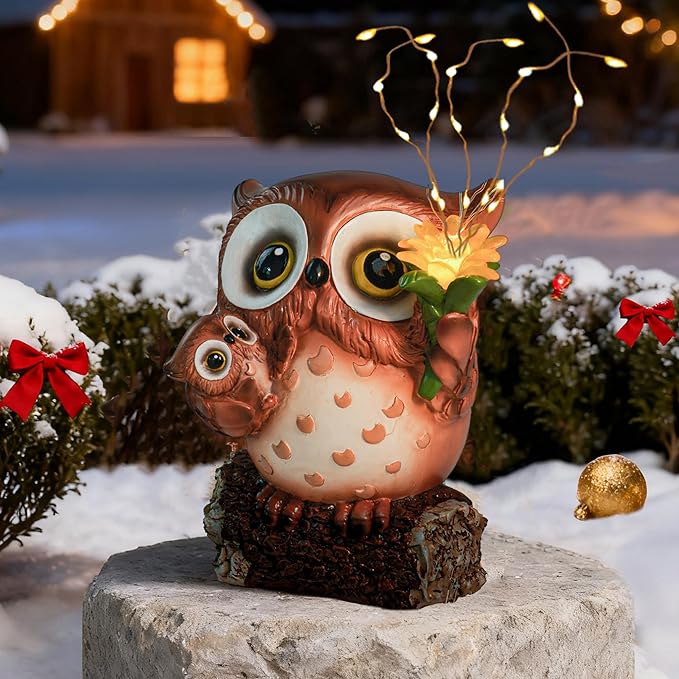 Solar Garden Statues Outdoor Decor, Fairy Owl Statue Garden Decor, Resin Yard Decorations Outdoor for Patio, Porch, Balcony, Lawn Ornaments, House Warming Birthday Gifts for Mom Women Grandma