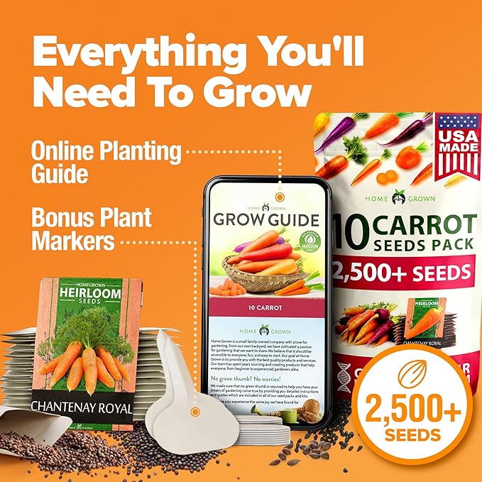 HOME GROWN Rainbow Carrot Seeds – 2500+ Heirloom Seeds (10 Varieties) – High Germination, Vegetable Seeds for Planting Indoors or Outdoor Home Garden