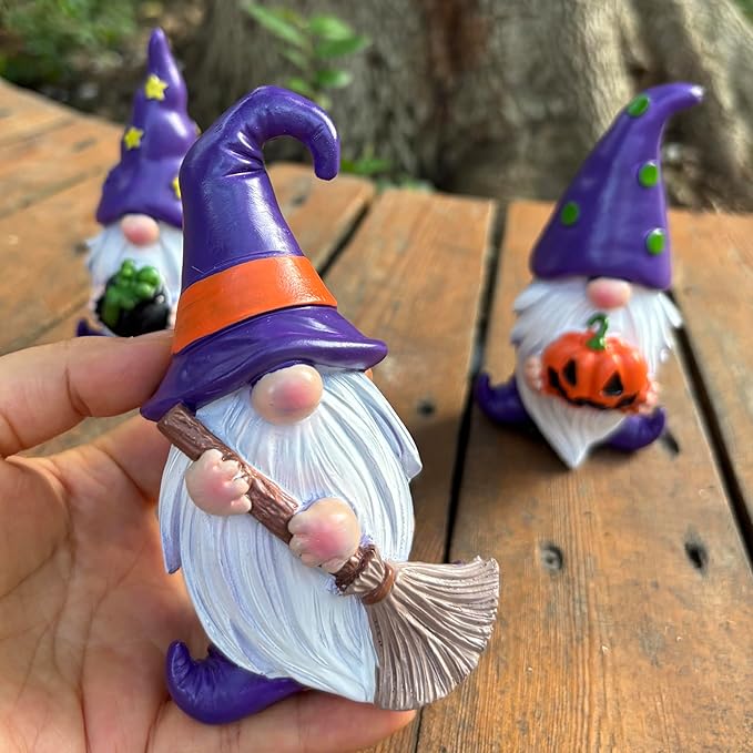 Purple Wizard Witch Gnomes Set of 3 - Mini Resin Figurines for Tiered Tray, Mantel and Gothic Home Decor Storybook Charm Gothic Gnomes Collection