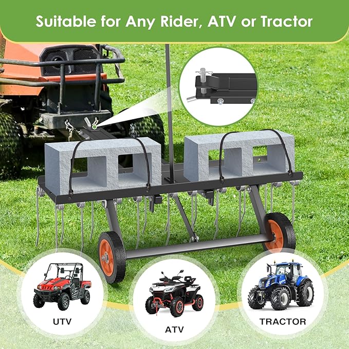 Seeutek 40 Inch Tow Behind Dethatcher, Pull Behind Lawn Dethatcher with 20 Spring Steel Tines Lawn Dethatcher Rake for ATV or Mower w/2 Cement Brick Straps and Gloves, for Garden Farm Grass
