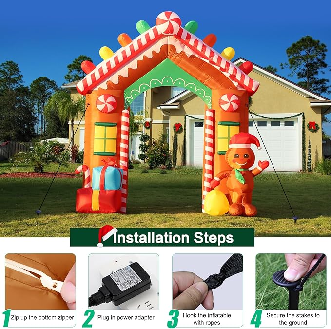 FunFanso 9 FT Christmas Inflatables Archway Outdoor Decorations, Gingerbread Man House Arch Blow Up Yard Decoration with Colorful Gift Boxes, Built-in LED Lights for Garden Porch Xmas Party Decor