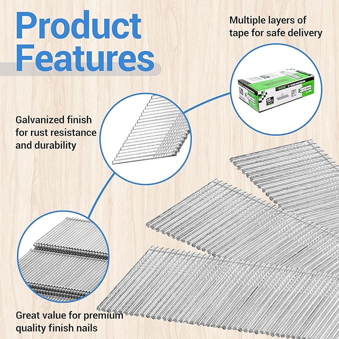 meite 15 Gauge Angled Finish Nails, 1-1/2-Inch 34 Degree DA Series Galvanized Finishing Nails for Nailer Guns - Perfect for Window Trim, Cabinet Building and Other DIY Projects (2,000 Counts)