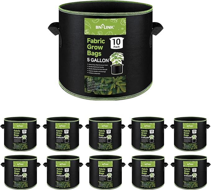 BN-LINK 10-Pack 5 Gallon Grow Bags, Heavy Duty Aeration Fabric Pots with Handles, Thickened Nonwoven Plant Bags for Vegetables, Flowers, Fruits