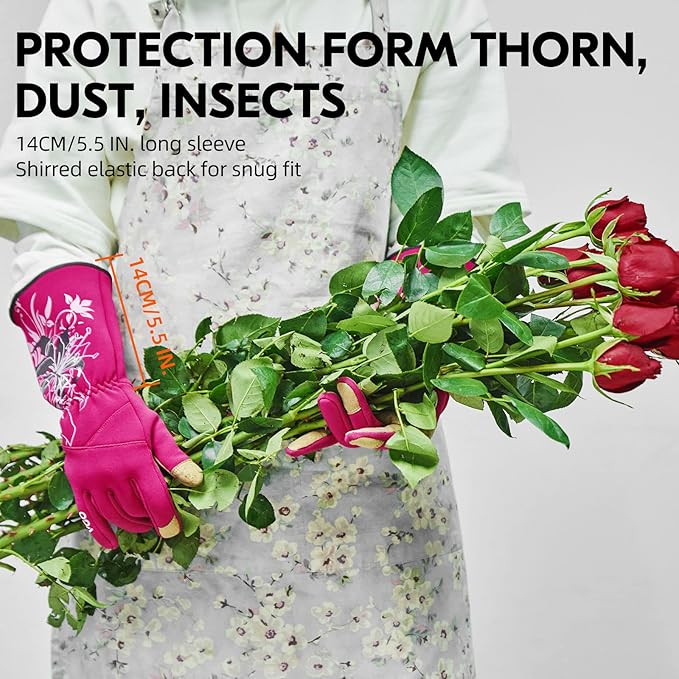 Vgo... 1-Pair Ladies' Synthetic Leather Gardening Gloves, Long Sleeves Gauntlet, Breathable & Grip Work Gloves, High Dexterity, Washable (Size L, Red, SL7445)