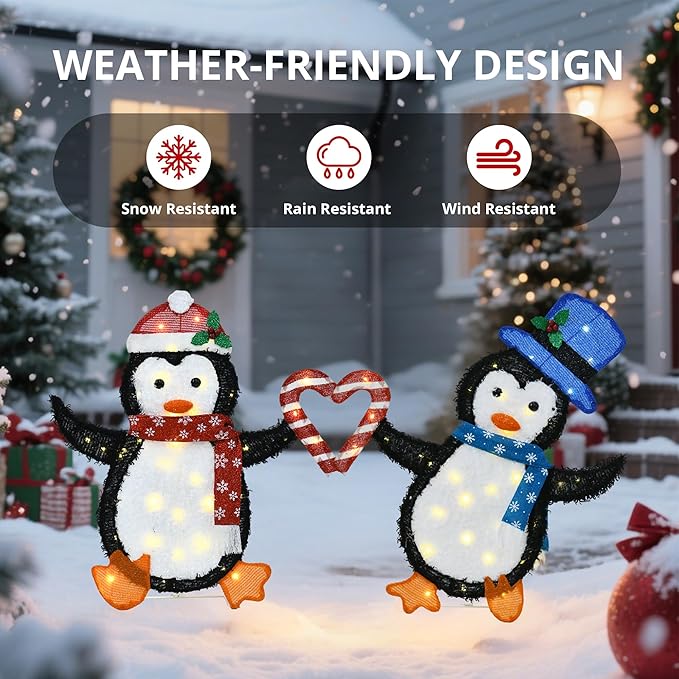 32" H Penguin Lights Outdoor Christmas Decorations, 2D Pre-lit Cute Holiday Lawn Lights Decors, Flat Xmas Yard Decor, 80 Warm White LEDs, Perfect for Garden, Driveway, Porch, 2-Piece Set