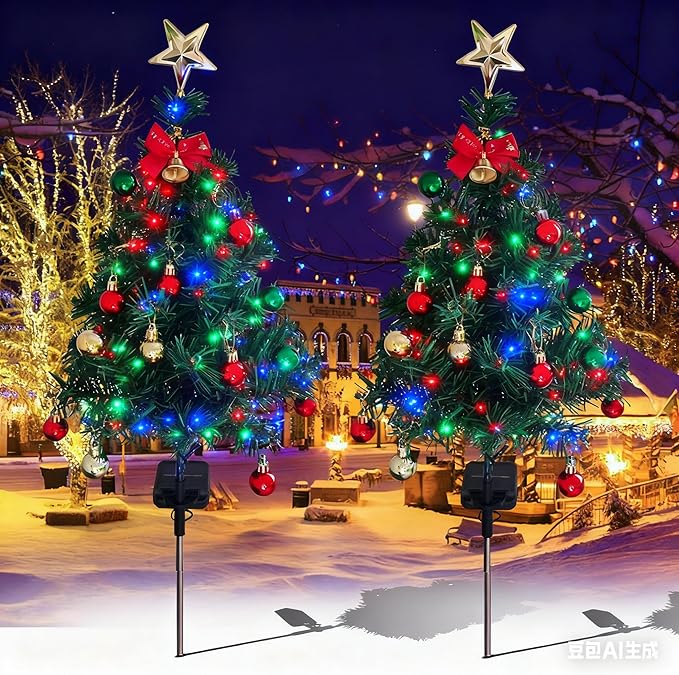 Solar Christmas Tree Lights Holiday Decorations, Outdoor Christmas Tree Waterproof Solar Xmas Garden Stake Lights, Prelit Xmas Trees for Outside Holiday Display Yard (Light+Berry, 2 Pcs)