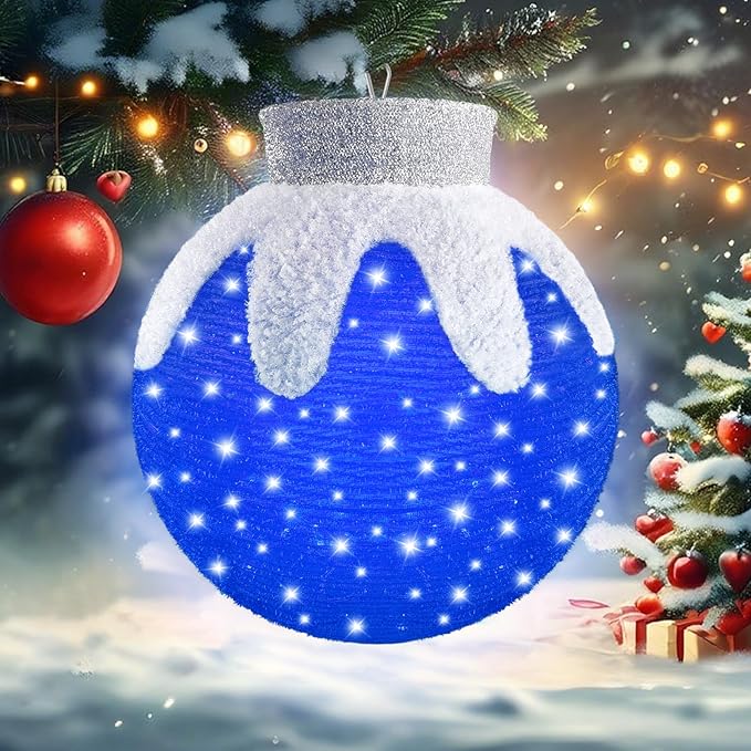 Outdoor Hanging Christmas Ornaments, Lighted Pop-Up Hanging Outdoor Holiday Ball Decoration, 8 Light Modes, Lighted Collapsible Holiday Decorations (Blue)