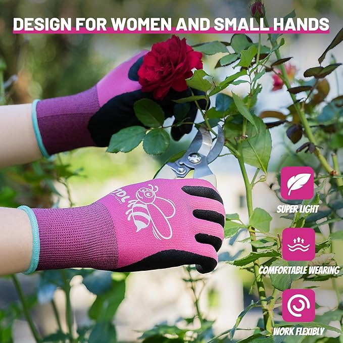 JDL 3 Pairs Nylon Nitrile Coated Gardening Gloves for Women, Touchscreen Yard Garden Gloves, Breathable Safety Work Gloves with Grip, Pink, Medium