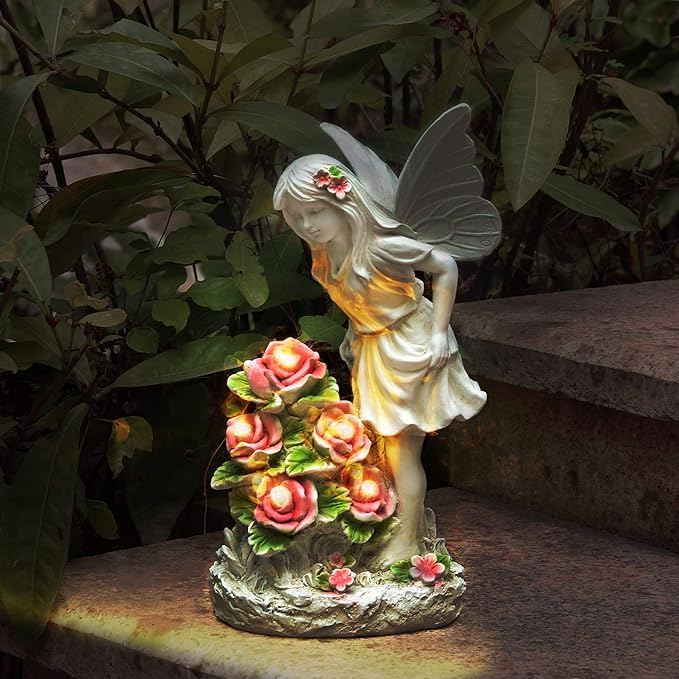 Garden Figurines Angel Garden Statue Outdoor Decor, Solar Powered Resin Sculpture with 5 LEDs Art Decoration for Patio Lawn Yard Porch, Ornament Housewarming Gift, 11“ H