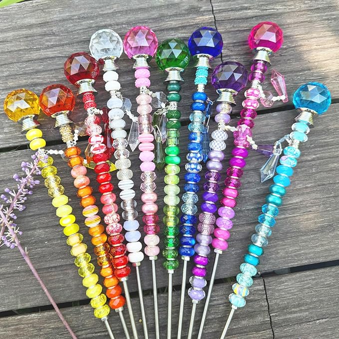 Exway 247 PCS DIY Fairy Wand Beaded Garden Stake Kits with Assortment Large Hole Beads 10 Crystal Stopper Top Threaded Rods and Sparkling Crystal Pendants for Outdoor Indoor Decor