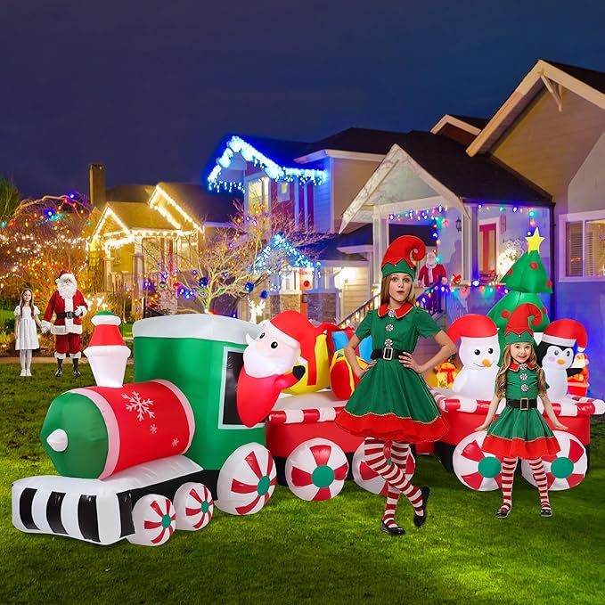 12FT Long Christmas Inflatables Decorations, Outdoor Santa Train Decoration, Giant Blow Up with with Built-in LED Lights for Yard Garden Lawn Holiday Decor