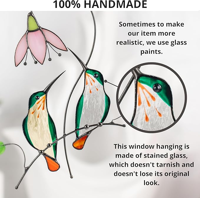 Hummingbird Cardinal Birds Stained Glass Suncatcher Genuine Stained Glass Window Hangings Unique Indoor Ornament & Outdoor Decor (Two Hummingbirds)