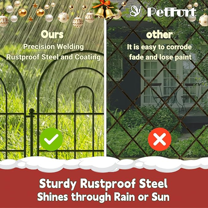 Garden Fence Panels, 17 in (High) x 12.6 ft (Long) Flower Bed Fencing for Small Animal Barrier, 10 Pcs Metal Decorative Fences Border with Hooks
