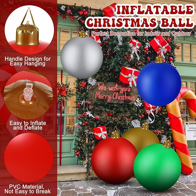 Jetec 10 Pcs 47 Inch Giant PVC Inflatable Christmas Ball Inflatable Ornaments Balls Large Xmas Balls Outdoor Christmas Decorations for Holiday Yard Lawn Porch Blow Up Decor, Multicolor(Handle)