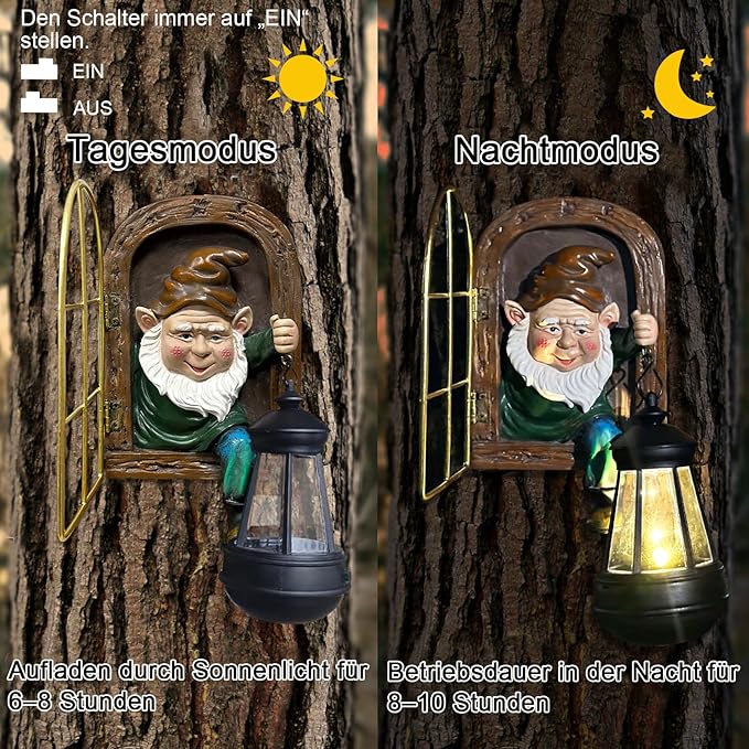 Fairy Garden Statues Gnomes Solar Lantern - Halloween Elf Out The Door Tree Hugger Figurines Fence Wall Yard Art Home Decor Outdoor Tree Face Sculpture, Ideal Thanksgiving Decorations
