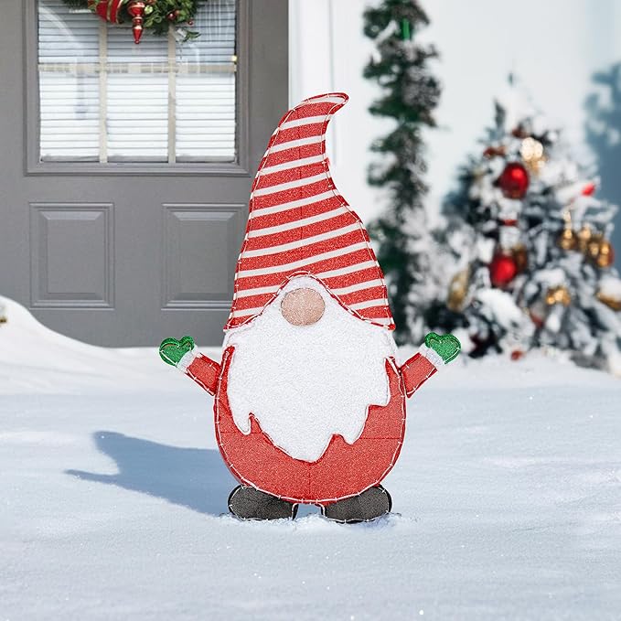 SUNJOY Large 4 FT Christmas Lighted Gnome, Eye-Catching 2D Tinsel Santa Gnome Outdoor Garden Yard Lawn Big Festive Holiday Decoration with Lights for Indoor & Outdoor