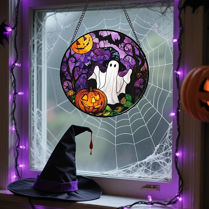 Stained Glass Window Hanging Halloween White Ghost Black Bat 9.8" - Suncatcher Door Garden Sunroom Horror Pumpkin Sun Catcher Birthday for Friend Mom Men Woman Nana