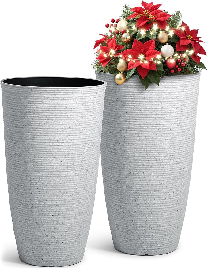 23.5" H Tall Pot Planters, 2-Pack Taper Large Flower Pots for Indoor Outdoor Use, UV-Protect PP Plant Container for Garden Patio Yard Balcony Porch or Home Decor, White Vertical Stripes Texture