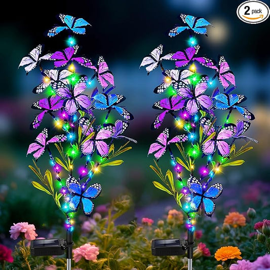 Solar Garden Lights Outdoor, Waterproof 2 Pack Solar Butterfly Lights with 60 LED 12 Butterfly Colorful Lighting for Garden Yard Lawn Outdoor Decor, Gift for Mom Women Mother's Day