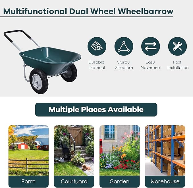 IRONMAX Garden Dual-Wheel Wheelbarrow, Heavy Duty Utility Yard Cart w/ 2x14’’ All-Terrain Wheels & Built-in Stand, Wheel Barrow for Lawn, Yard, Farm, Gardening & Planting (Green)