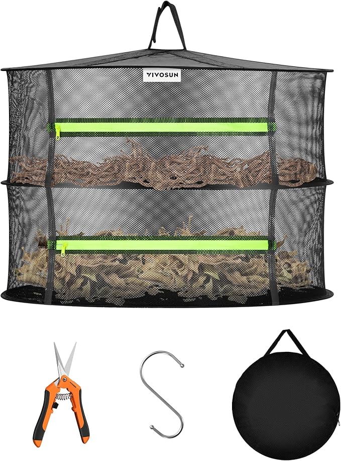 VIVOSUN 2-Layer Mesh Drying Rack Hanging Design with Green Zippers for Dehydrating, Indoor and Outdoor Pruning Shears Included