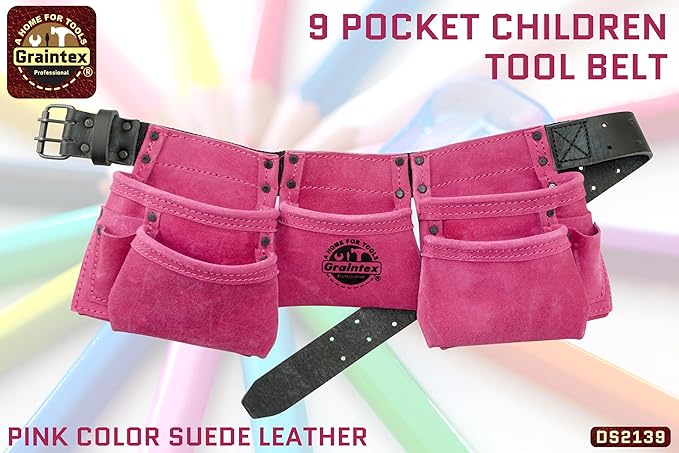 Graintex DS2139 :: 9 Pocket Children Tool Belt Pink Color Suede Leather, Kids Real Tool Belt, Boys and Girls Tool Apron for Home Improvement, 1.1/2" Leather Belt, Hammer Loops