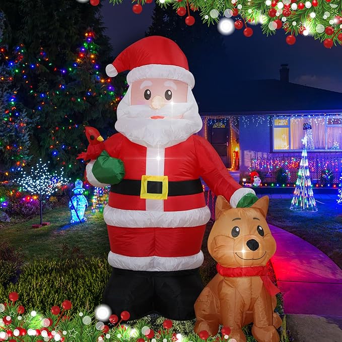 Christmas Inflatables Santa with Dog Cardinal Lighted Yard Lawn Inflatable Decoration with Built-in Fan and Stakes Ropes Holiday Party Decor, Christmas Decor (5FT-Santa with Dog & Cardinal)