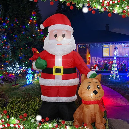 Christmas Inflatables Santa with Dog Cardinal Lighted Yard Lawn Inflatable Decoration with Built-in Fan and Stakes Ropes Holiday Party Decor, Christmas Decor (5FT-Santa with Dog & Cardinal)