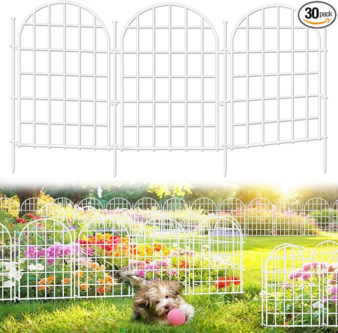 32.5ft(L) x 22in(H) Panels Garden Fence, 30 Panels Arched No Dig Fence, Decorative Animal Barrier Fencing with Ground Stake, Rustproof Metal Garden Edging Border for Dog, Outdoor Patio Decor, White