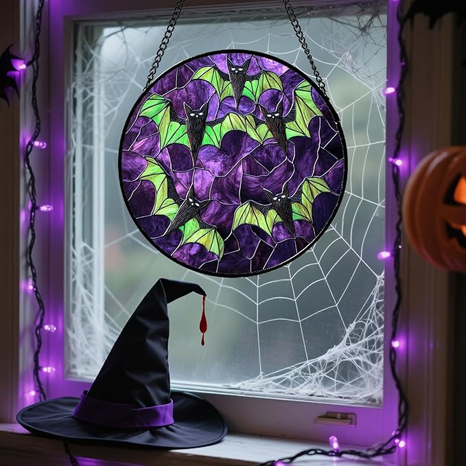 Stained Glass Window Hanging - Halloween Decorations Black Bat with Green Wings Suncatcher for Doors Garden Indoor Spooky Sun Catchers Gothic Decor Horror Gifts for Women Men Friend 9.8 in