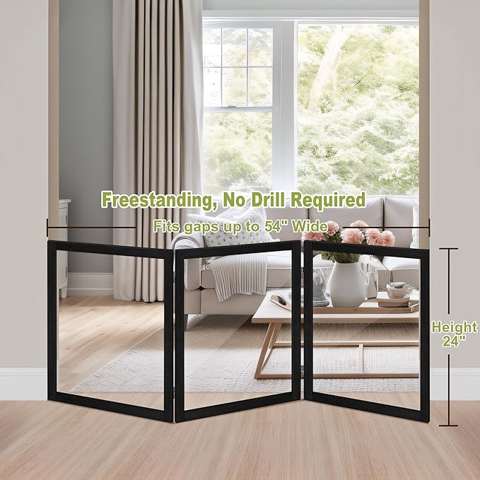 LZRS Clear Dog Gate for Indoor Use - Transparent Pet Fence with Solid Hardwood and Plastic Board, Stylish & Durable freestanding Pet Gate for Doorways, Stairs and Hallways-3 Panel Black
