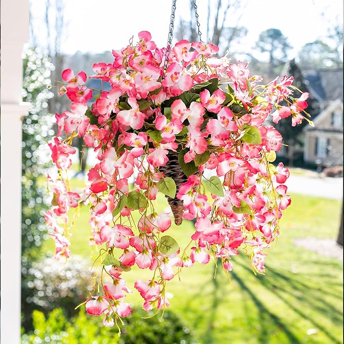 Artificial Hibiscus Fake Hanging Flowers Plants for Outdoors Spring Summer Decoration, 4pcs Pink Silk Hibiscus Long Trailing Vines UV Resistant Realistic Faux Flower for Outside Front Door Porch Patio