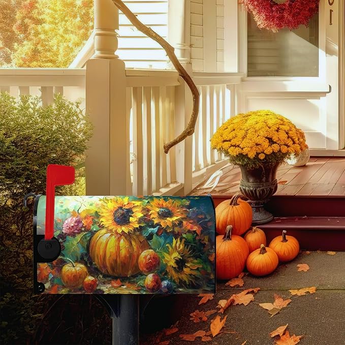 Fall Thanksgiving Magnetic Mailbox Cover Harvest Pumpkin Mailbox Wraps Waterproof Daisy Floral Mailbox Post Letter Box Covers Oversize Large Size 25.5 X 21 Inches for Home Garden Yard Outside
