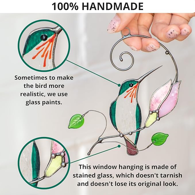 Hummingbird Cardinal Birds Stained Glass Suncatcher Genuine Stained Glass Window Hangings Unique Indoor Ornament & Outdoor Decor (Hummingbird)