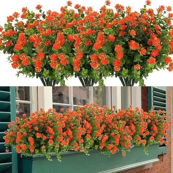 8 Bundles Artificial Flowers, Fake Artificial Greenery UV Resistant No Fade Faux Plastic Plants for Wedding Bridle Bouquet Indoor Outdoor Home Garden Kitchen Office Table Vase (Orange Red)