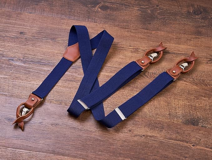 UPSONG Mens Suspenders，Brown Leather Button Tab and Clip Braces Heavy Duty Suspender Wedding Suspenders for Groom Groomsmen