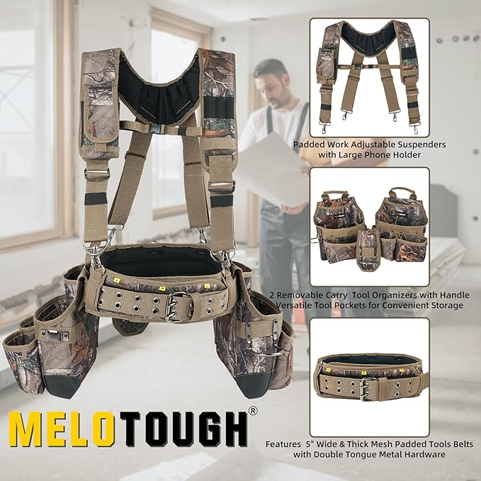 MELOTOUGH Camo Tool Belt with Suspenders Camouflage Tool Bag Supenders Framers Comb Apron Tool Belt Construction Tool Pouch Suspenders Heavy Duty Carpenter Suspension Rig for Electrician