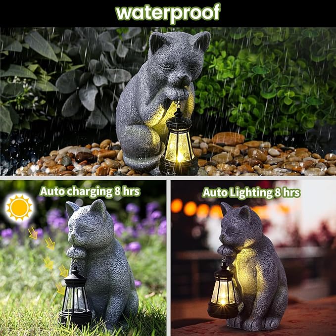 Solar Happy Cat Outdoor Statue Garden Decor,Birthday Gifts for Grandma Mom Women, Ornament for Balcony, Garden, Patio, Yard, Lawn Porch Patio Balcony Home House,(LED Lantern Cat)